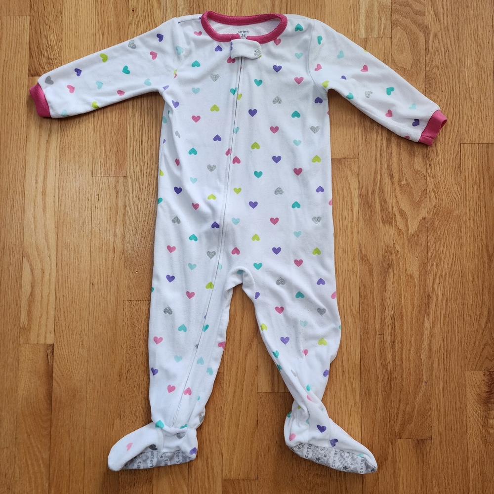 Carter's White Fleece Footie with Colorful Heart Pattern